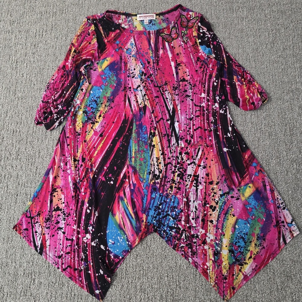 Mishca  Art to Wear Tunic Handkerchief Hem Emboidered‎ Butterfly Boho Size S